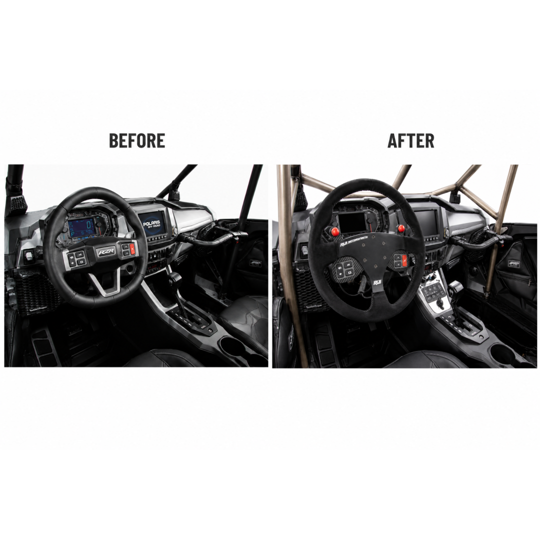 PRO_R_before_after_1080.png): Before and after comparison of Polaris Pro R UTV dash: stock steering wheel versus RLB suede steering wheel with Adapt IQ button mount installed