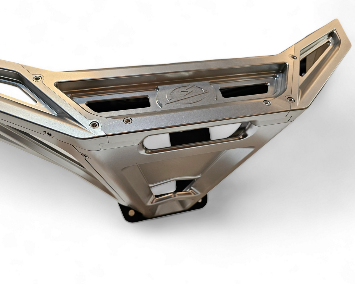 Full machine front view of Polaris RZR Pro R with clear billet front winch bumper