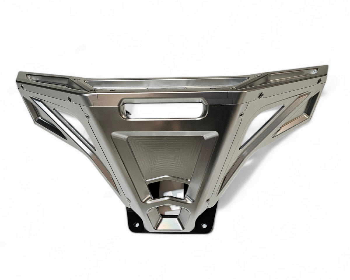 Clear anodized natural aluminum finish texture close-up on Polaris RZR billet front winch bumper