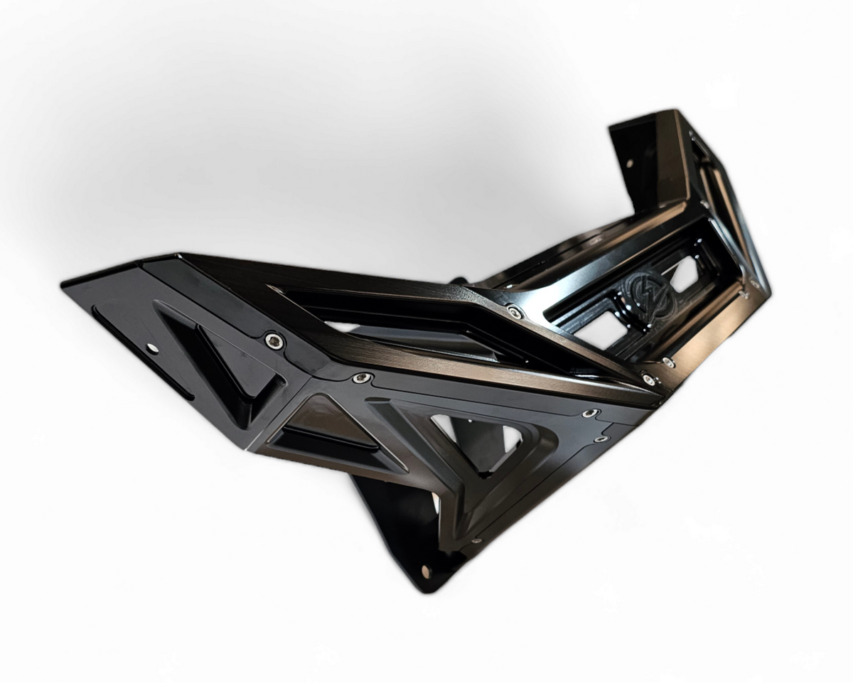 Cube lights mounted on Polaris RZR billet front winch bumper