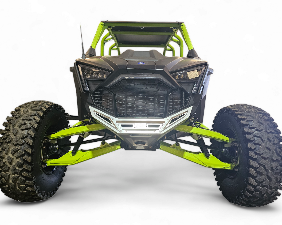 Driver side view of clear billet front winch bumper installed on Polaris RZR Pro R