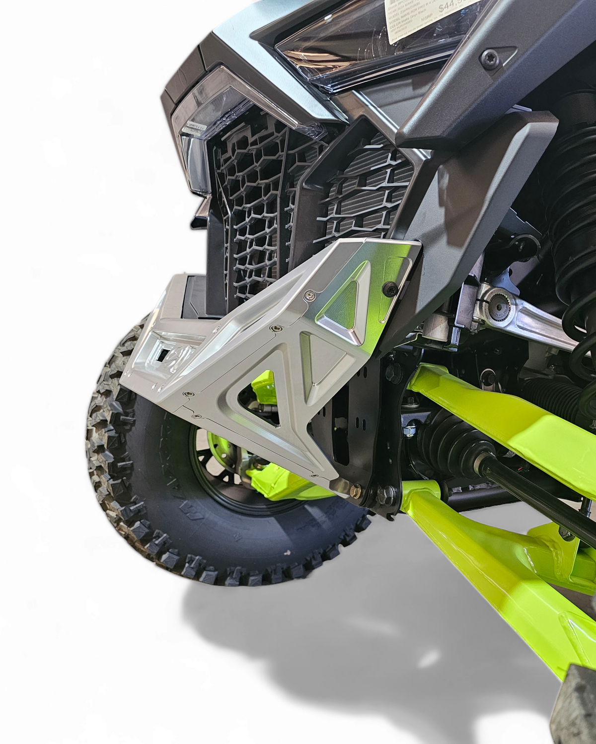 Passenger side view of Polaris RZR clear billet front winch bumper showing front-end protection