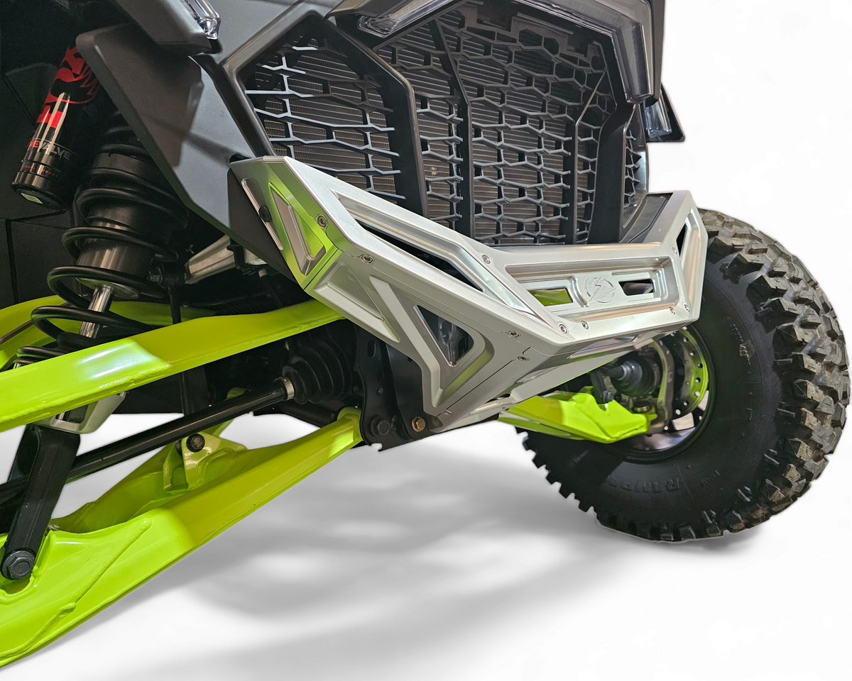 Bolt-on mounting detail on Polaris RZR Pro R clear billet front winch bumper