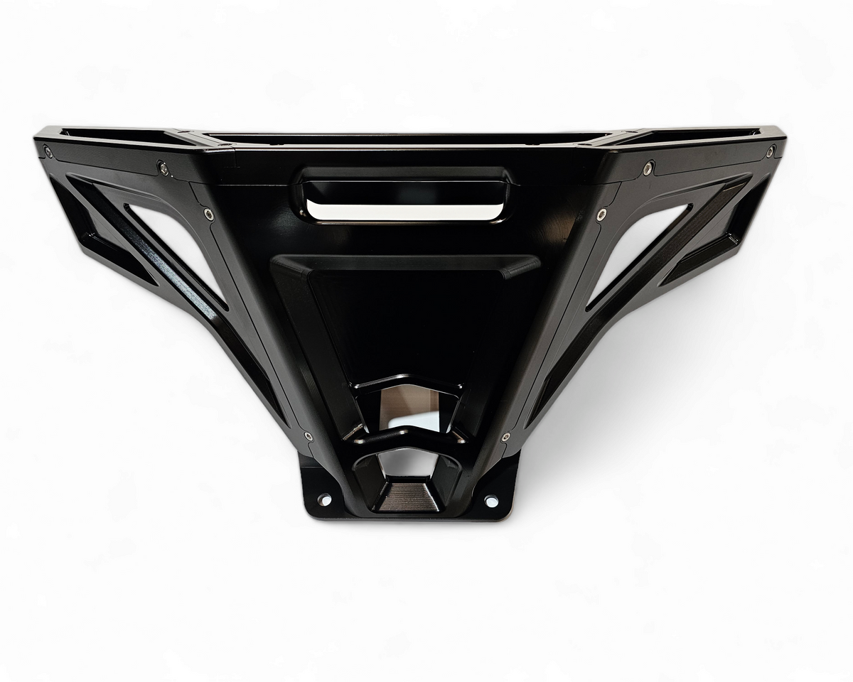 Machined billet aluminum front winch bumper installed on Polaris RZR Pro R in black anodize