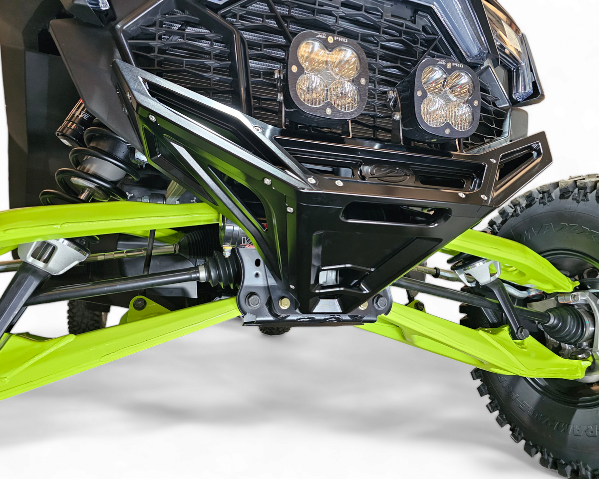 Billet Volt Front Winch Bumper in black hard anodize on Polaris RZR Pro R showing machined aluminum construction