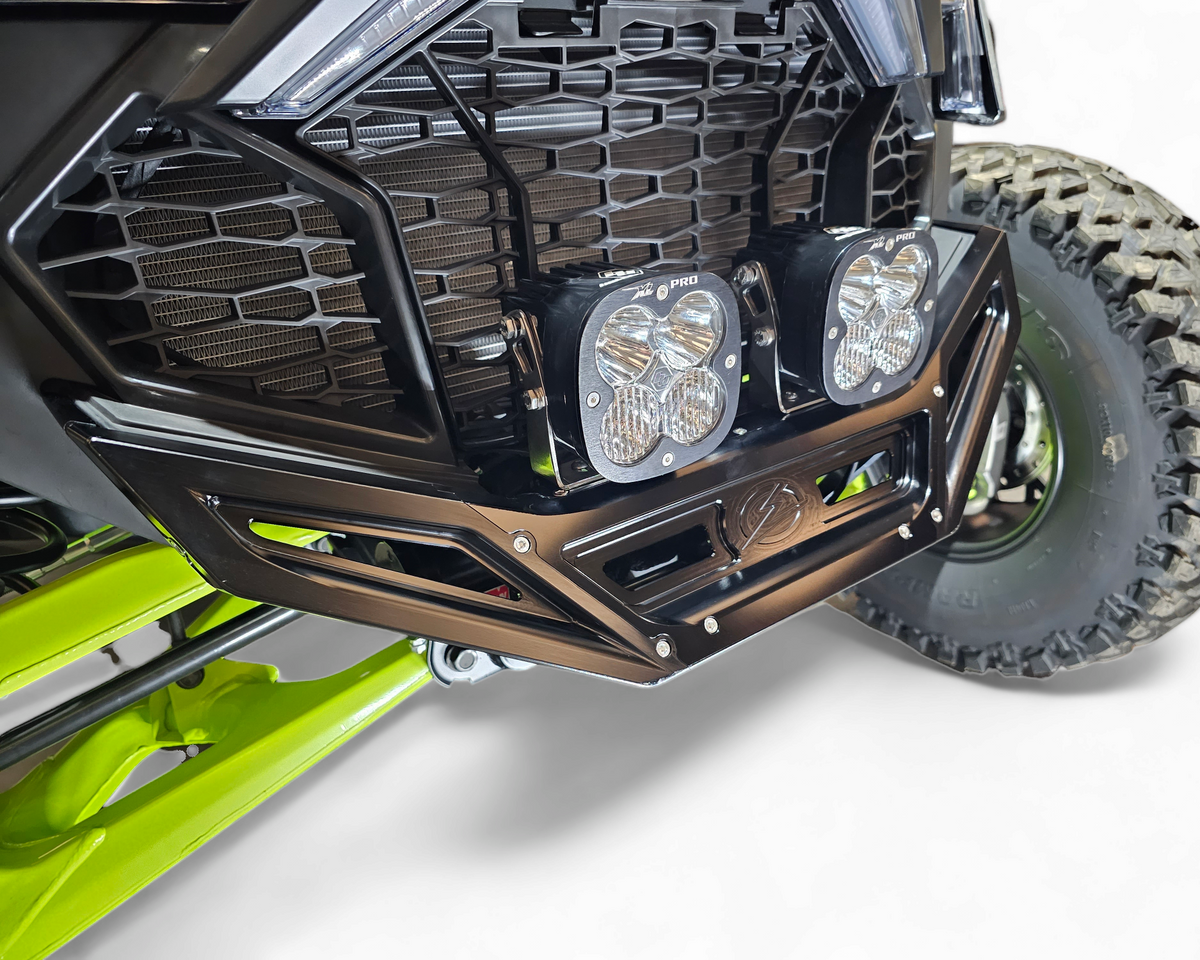 Hidden frame-mounted steel winch mount detail on Polaris RZR billet front bumper
