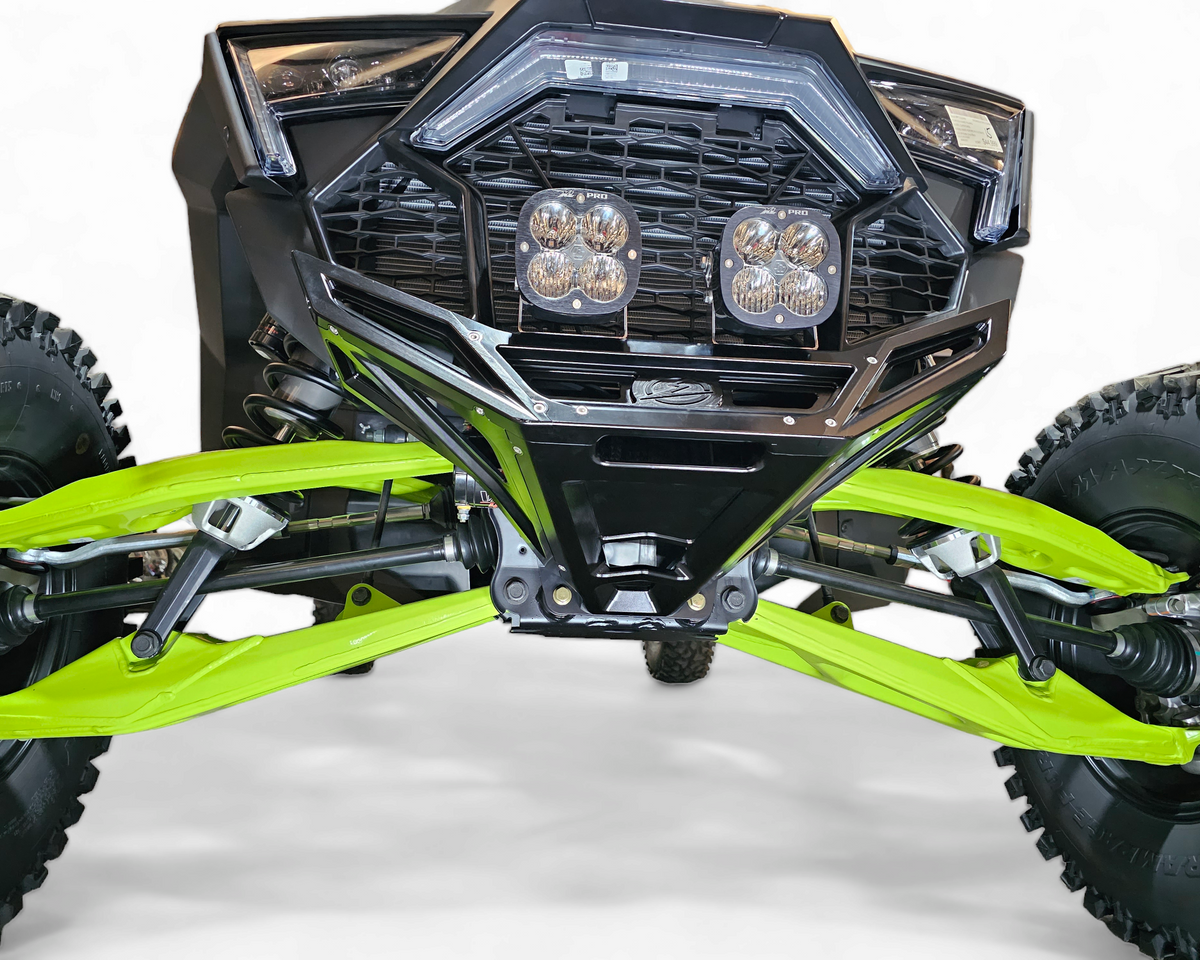 Black hard anodized finish detail on Polaris RZR Pro R billet front winch bumper