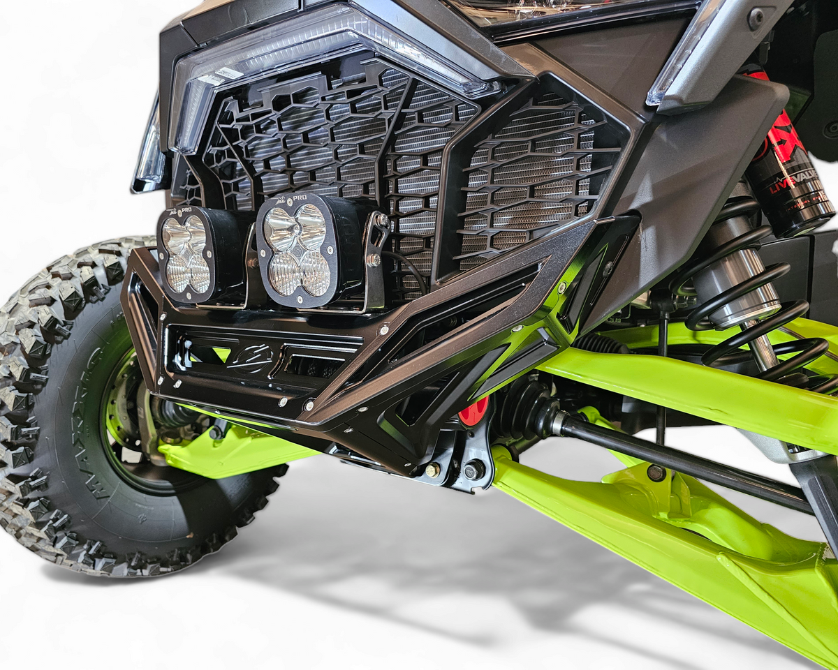 Wire management channel detail on Polaris RZR billet front winch bumper