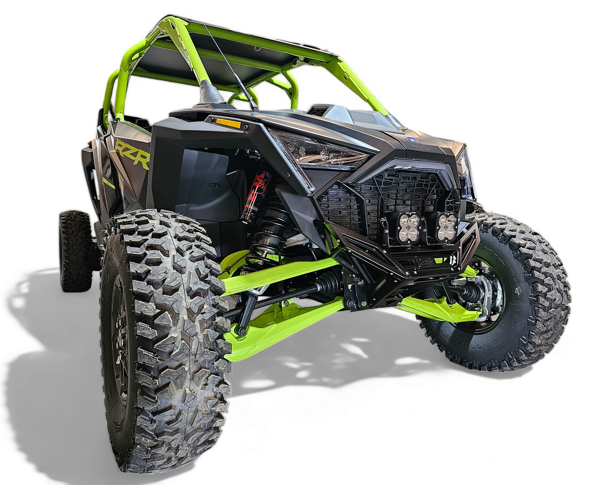 Driver side view of billet front winch bumper installed on Polaris RZR Pro R
