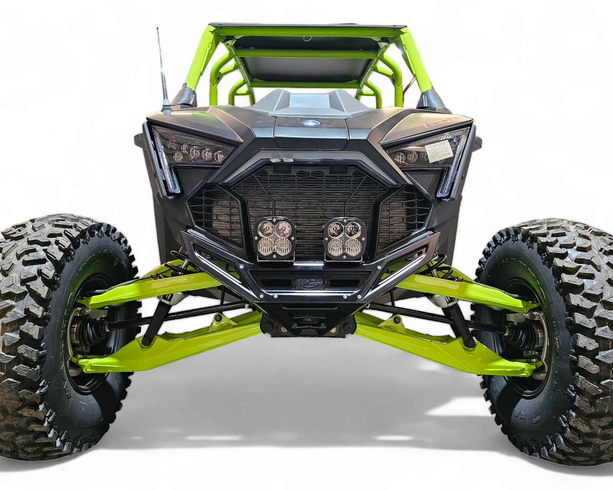 Passenger side view of Polaris RZR billet front winch bumper showing front-end protection