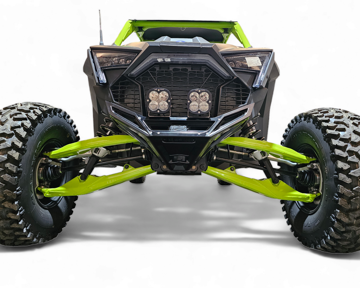 Winch installed behind Polaris RZR billet front bumper showing hidden mount integration