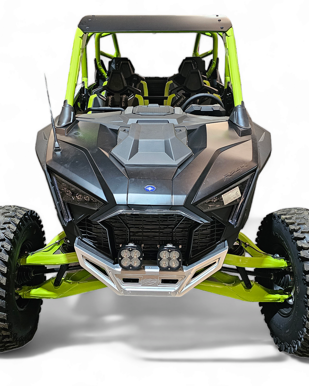 Hidden frame-mounted steel winch mount detail on Polaris RZR billet front bumper