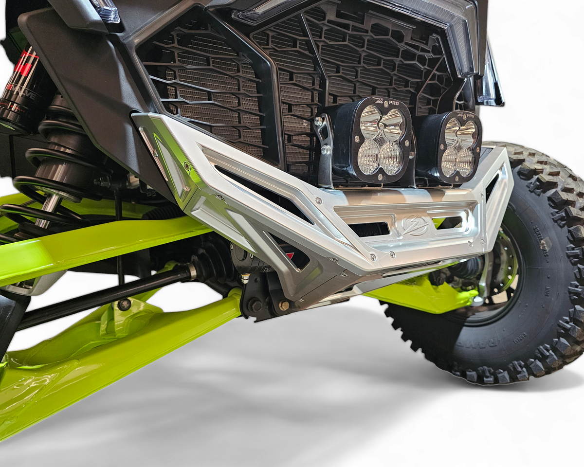 Billet Volt Front Winch Bumper in clear hard anodize on Polaris RZR Pro R showing raw machined aluminum