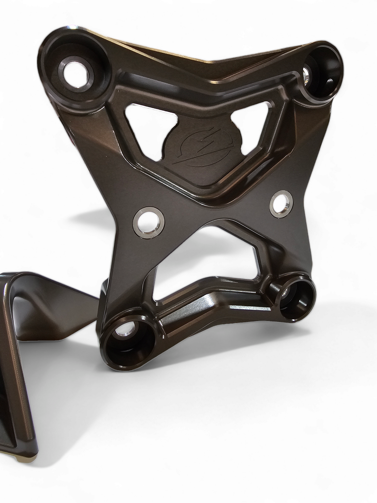 Built-in tow hook detail on Can-Am Maverick X3 gun metal billet radius rod plate for recovery