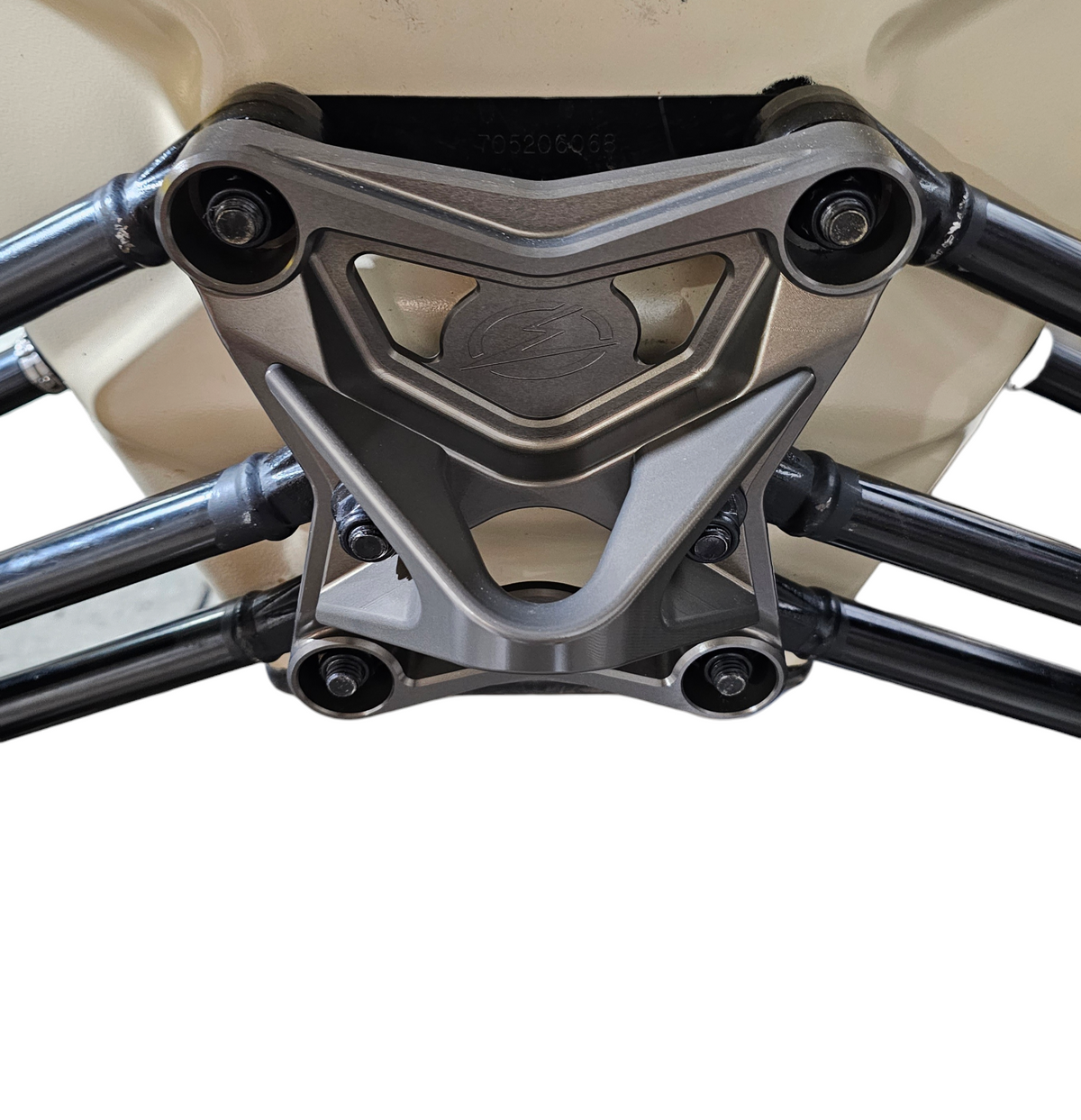 Can-Am Maverick X3 gun metal radius rod plate shown solo displaying full machined construction and tow hook