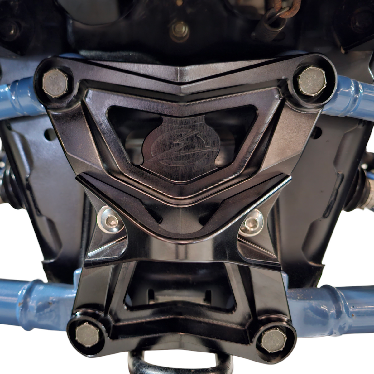 Built-in tow hook detail on Polaris RZR Pro XP radius rod plate
