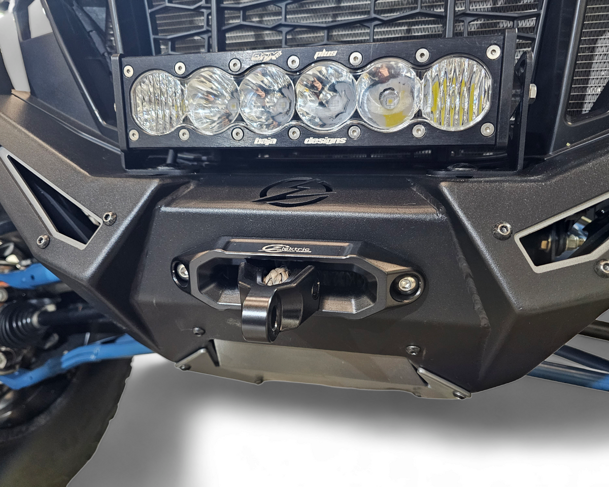 EOD winch fairlead and hook shown on a UTV front bumper