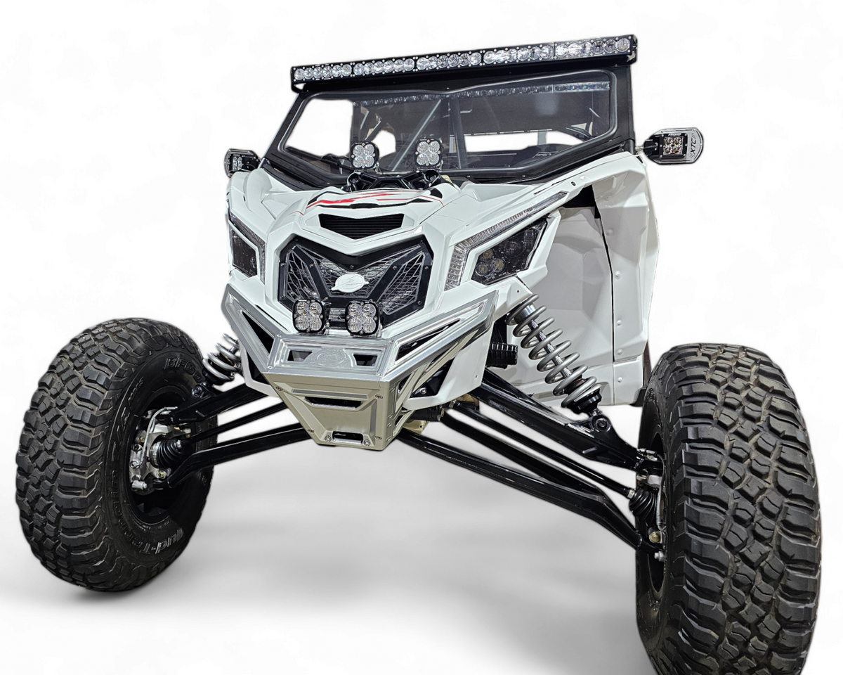Clear anodized finish detail on machined billet aluminum Can-Am Maverick X3 front winch bumper showing surface texture