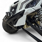Bolt-on mounting point detail on black anodized Can-Am Maverick X3 billet front winch bumper showing factory frame attachment
