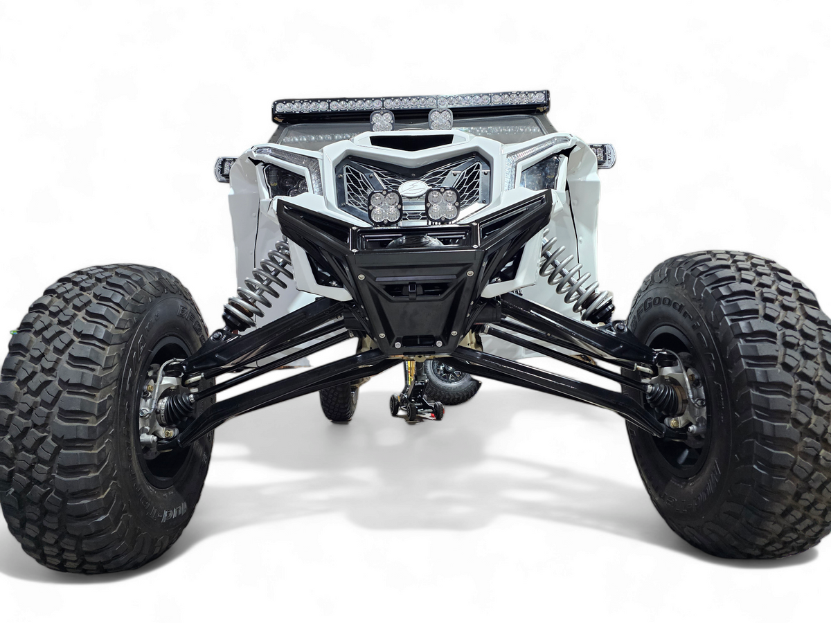 Black anodized Can-Am Maverick X3 billet front winch bumper with winch installed showing hidden steel mount integration