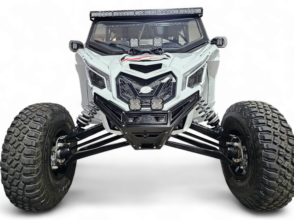 Can-Am Maverick X3 Machined Billet Front Winch Bumper in black hard anodized finish showing billet construction and hidden winch mount