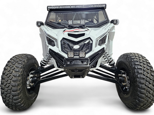 Can-Am Maverick X3 Machined Billet Front Winch Bumper in black hard anodized finish showing billet construction and hidden winch mount