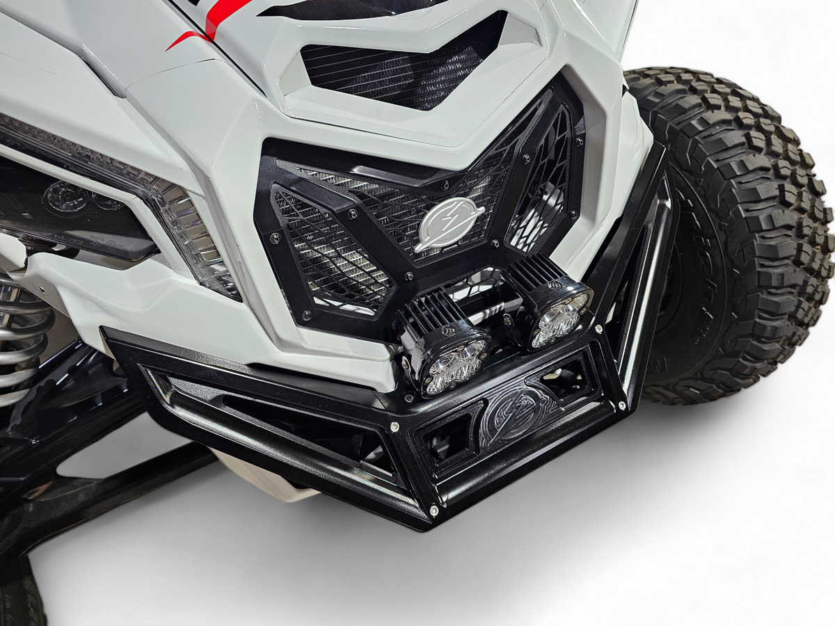 Can-Am Maverick X3 Machined Billet Front Winch Bumper shown solo on white background displaying full black hard anodized construction