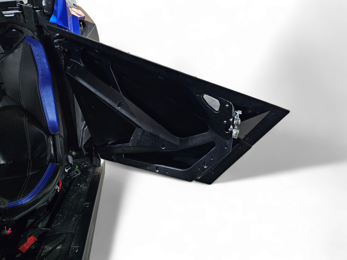 Satin black powder coat finish detail on Polaris RZR aluminum door skins