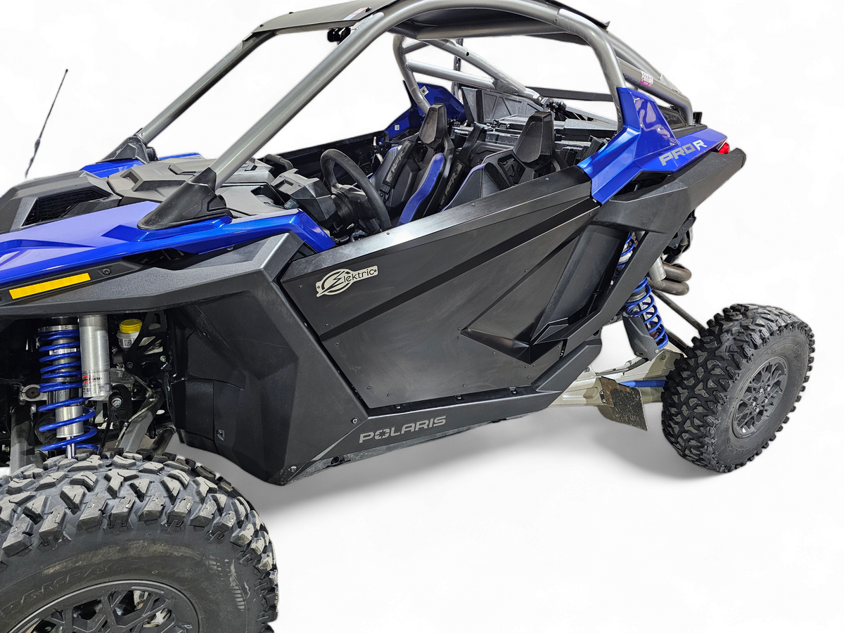 Polaris RZR Pro XP Pro R Turbo R Amp door skins shown installed on the factory door frame