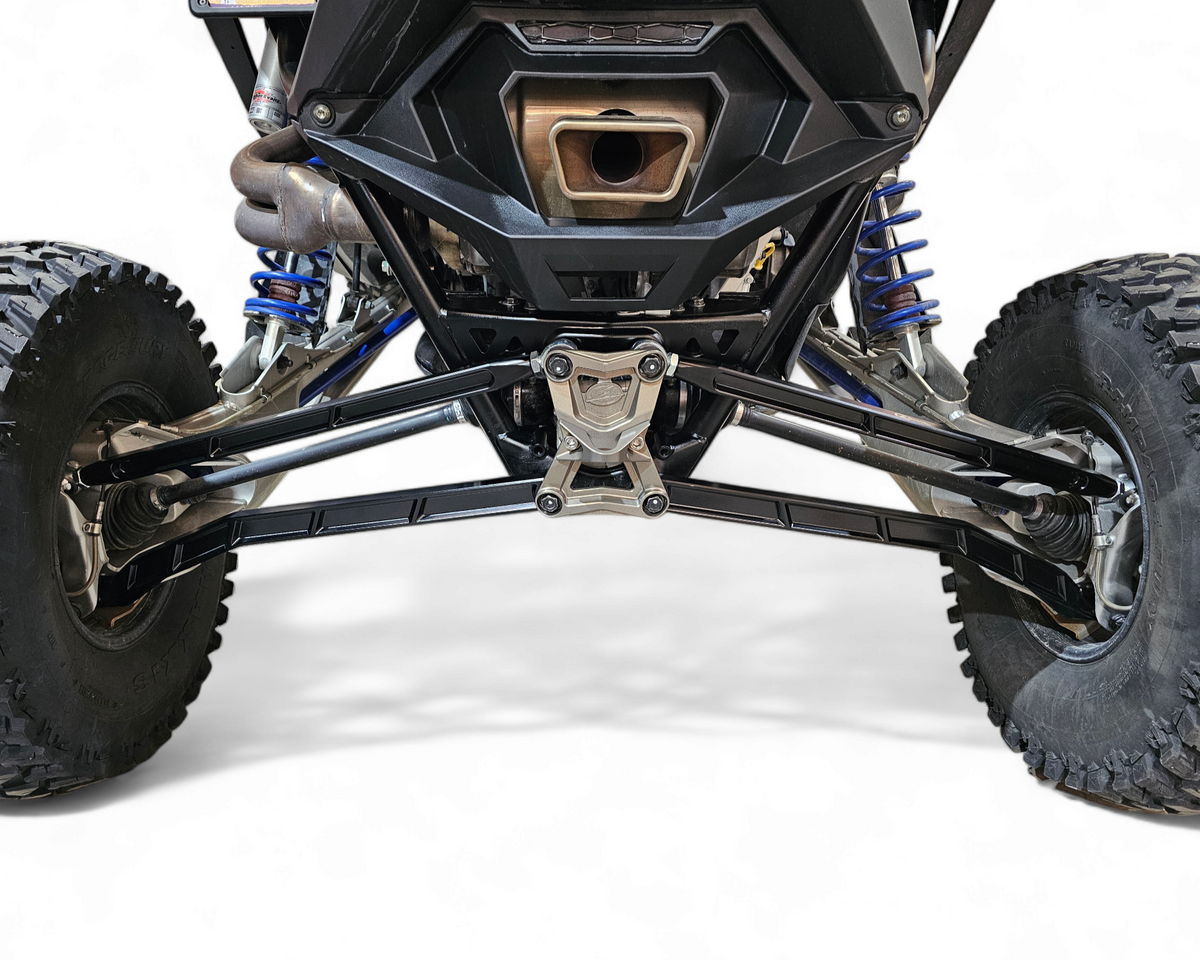 High Clearance Radius Rods in black hard anodize for Polaris RZR Pro R showing 6061 billet aluminum construction