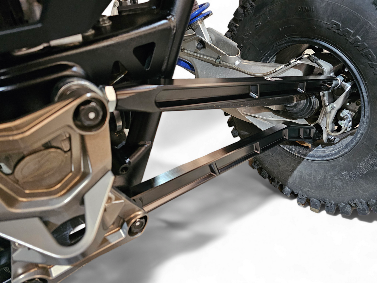 Polaris RZR Pro S black billet high clearance radius rods installed