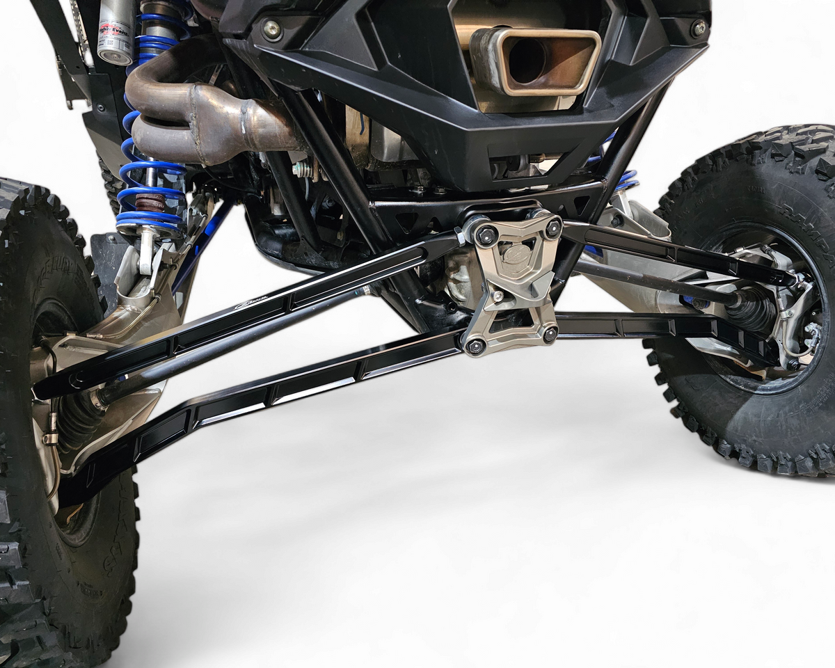 Stylistic billet design detail on Polaris RZR black radius rods