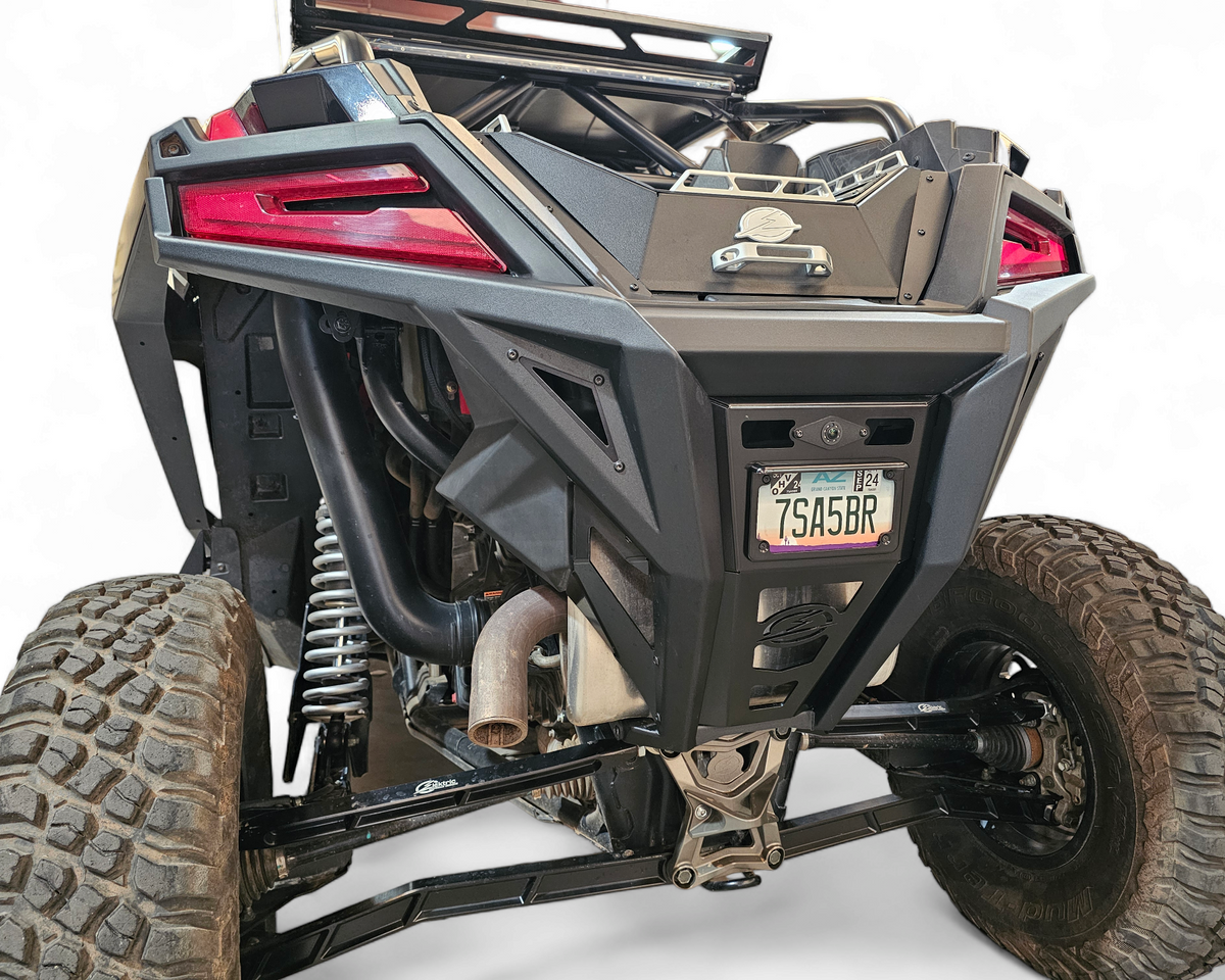 Polaris RZR Pro XP rear bumper showing relocated camera and license plate mount