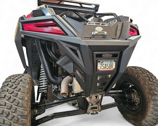 Polaris RZR Pro XP rear bumper showing relocated camera and license plate mount