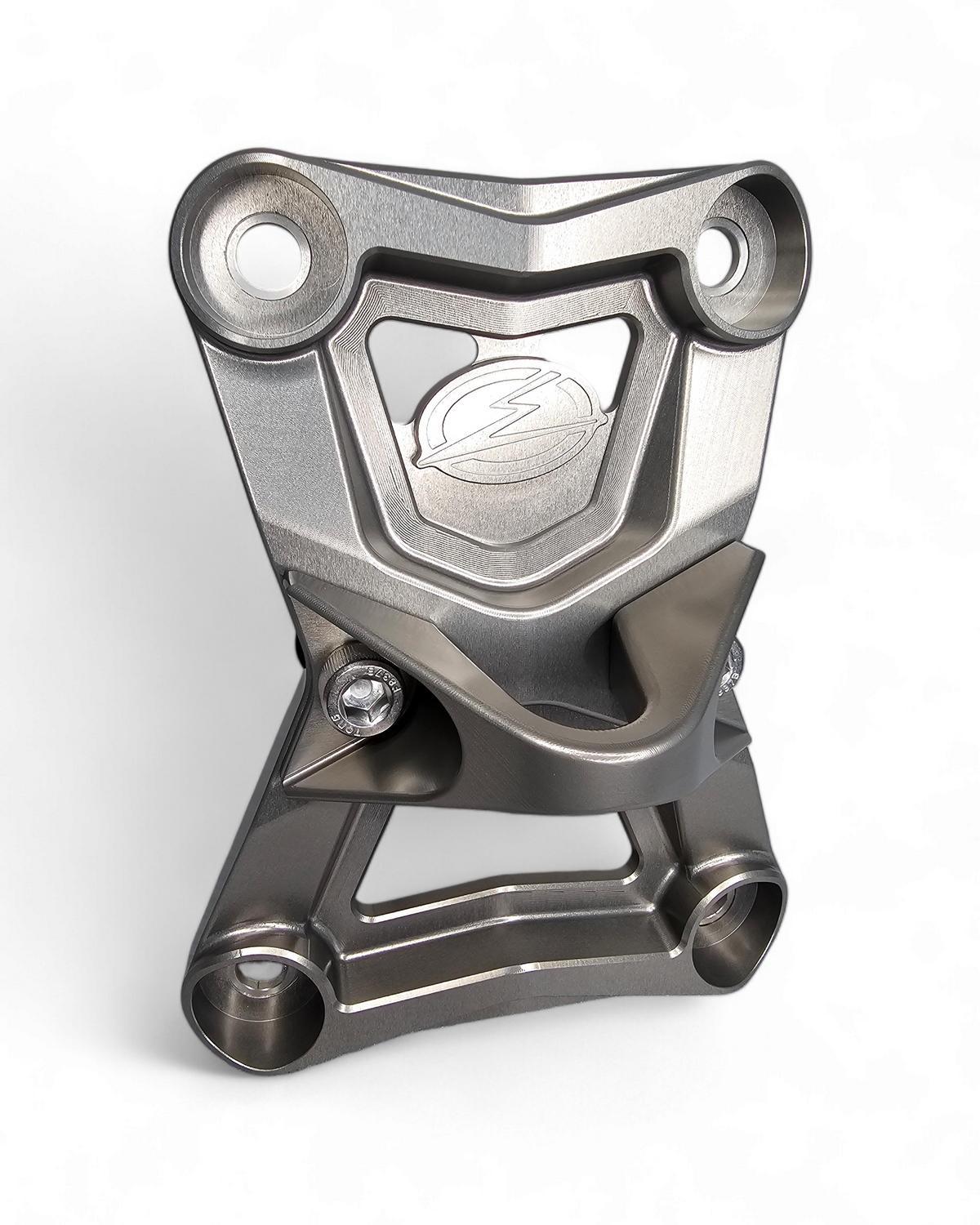 Radius Rod Plate with Tow Hook in gunmetal anodize on Polaris RZR Pro R showing 6061 billet aluminum and recovery hook