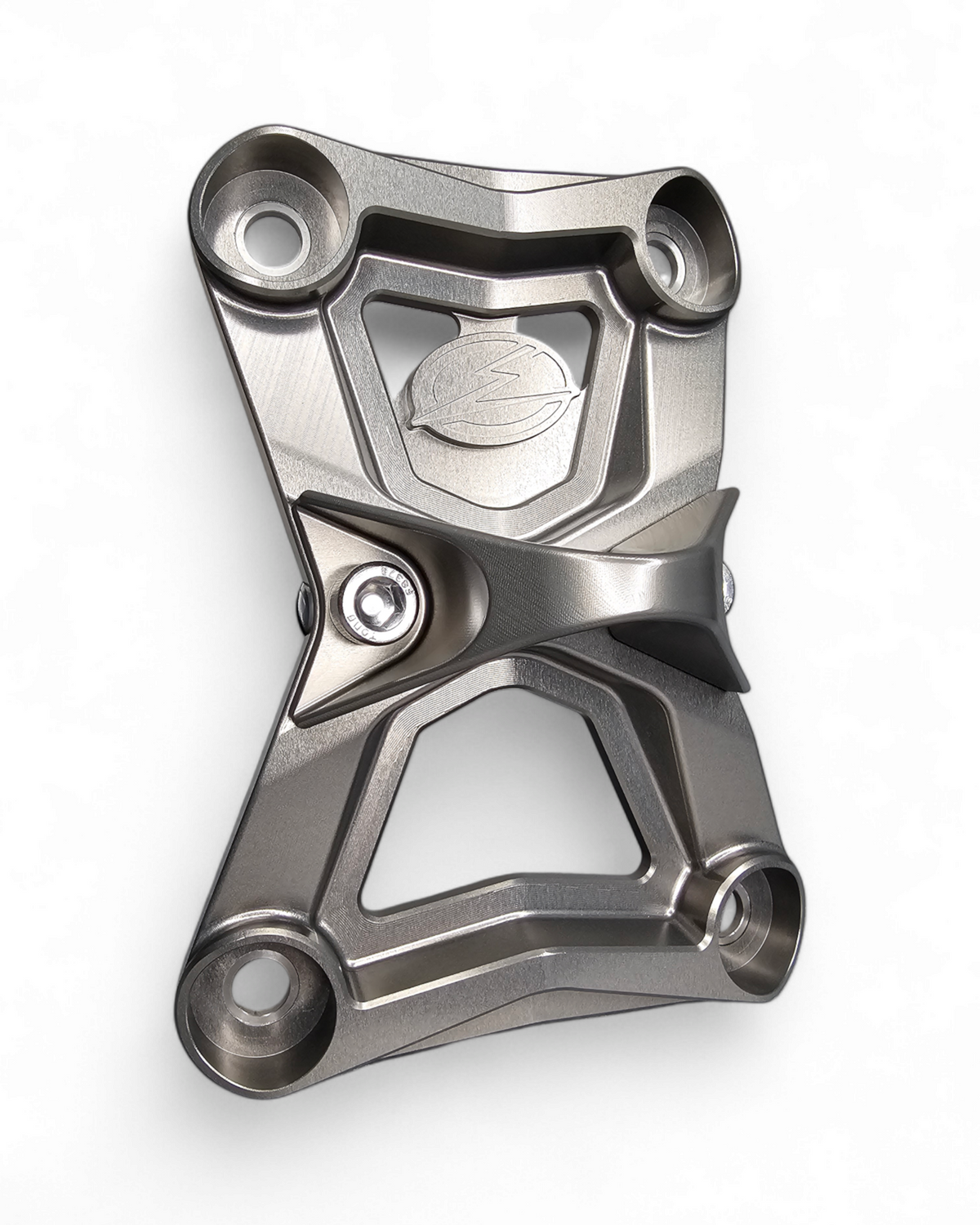 Integrated tow hook detail on Polaris RZR gunmetal radius rod plate