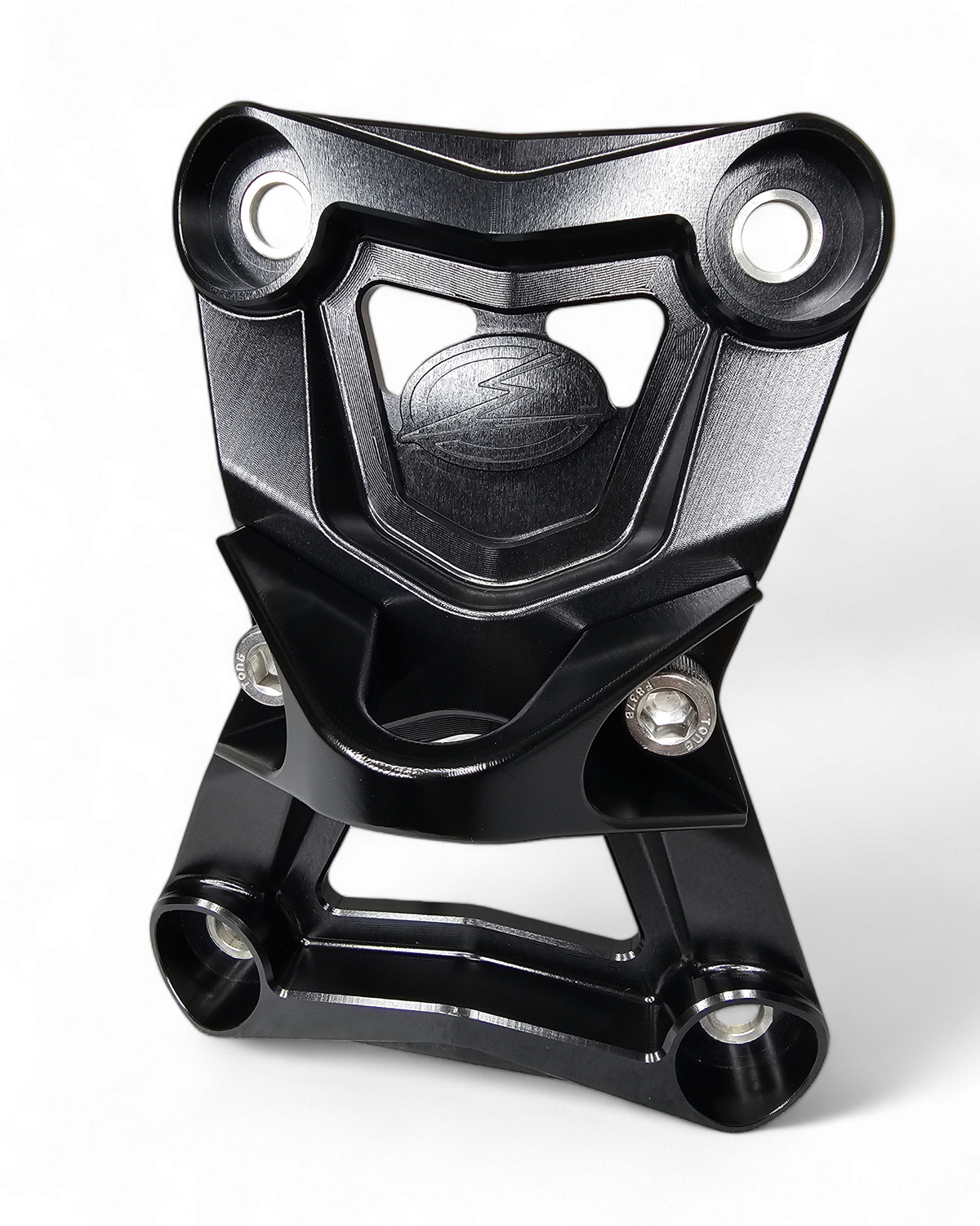 Radius Rod Plate with Tow Hook in black anodize on Polaris RZR Pro R showing 6061 billet aluminum and recovery hook