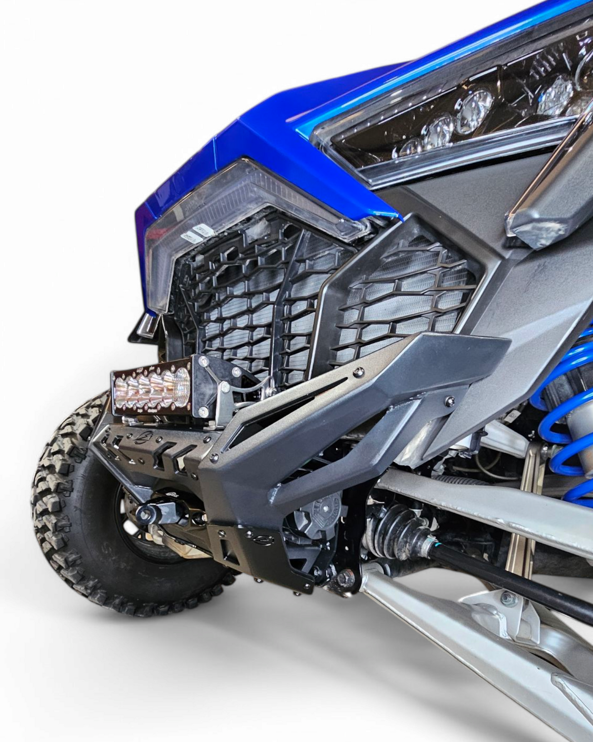 Underside mounting detail on Polaris RZR Pro R aftermarket steel front bumper