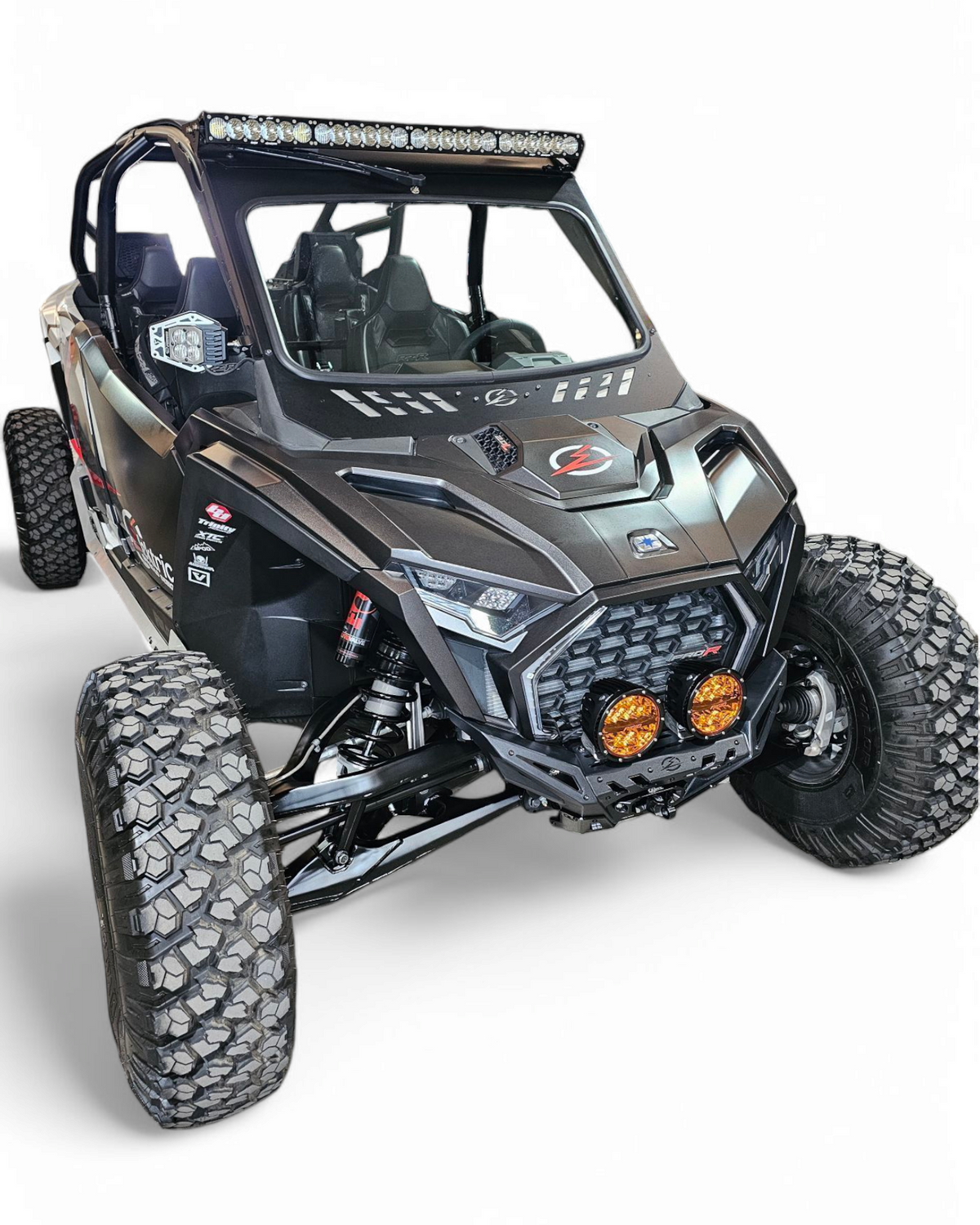 Front three-quarter view of Polaris RZR Pro R Volt front winch bumper