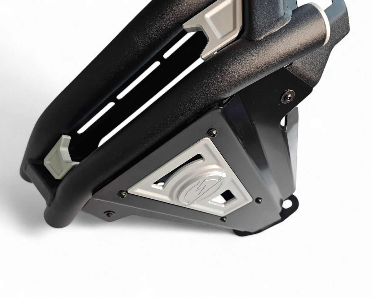 Driver side view of Amp Series front bumper installed on Polaris RZR Pro R