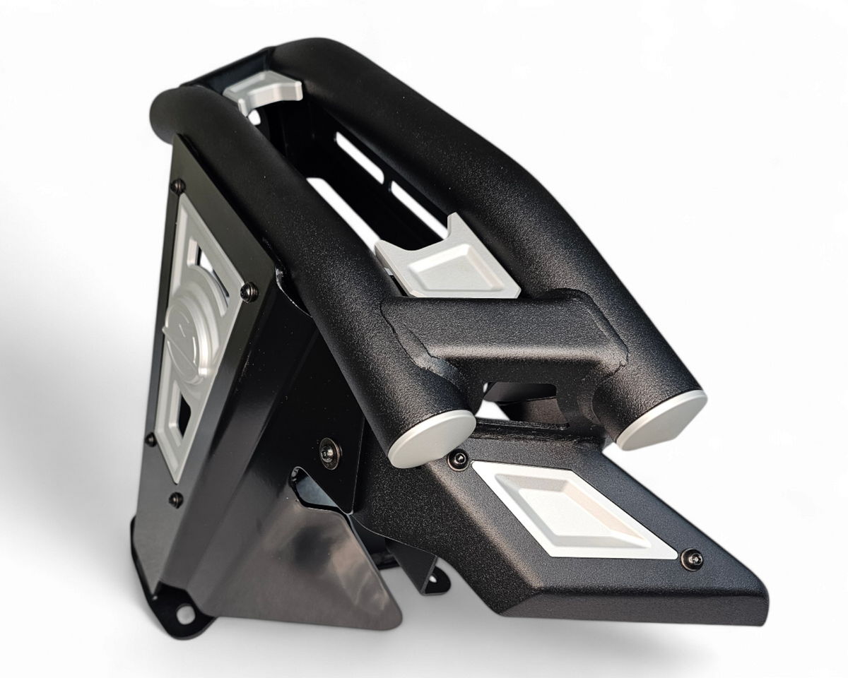 Full machine front view of Polaris RZR Pro R with Amp Series front bumper