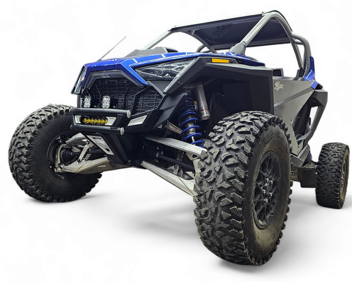 CNC billet aluminum insert detail on Polaris RZR Amp Series front bumper