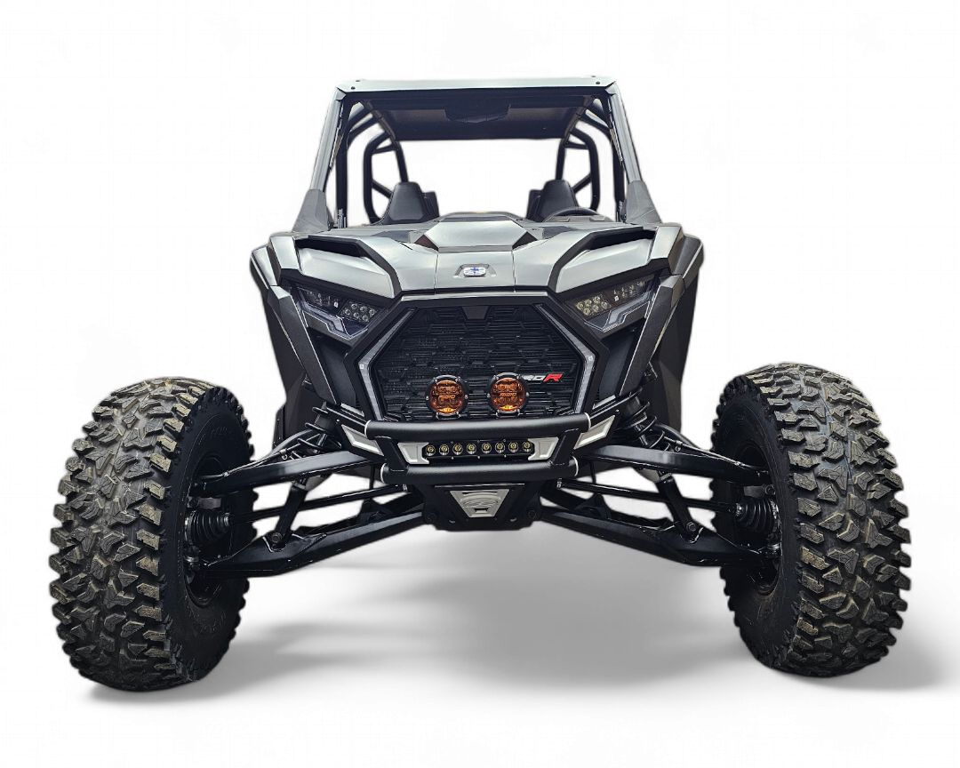 Hammer black powder coat finish on Polaris RZR Amp Series tubular front bumper