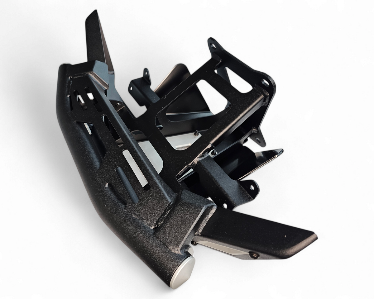 Side profile of Polaris RZR Amp tubular front bumper showing dune-style design