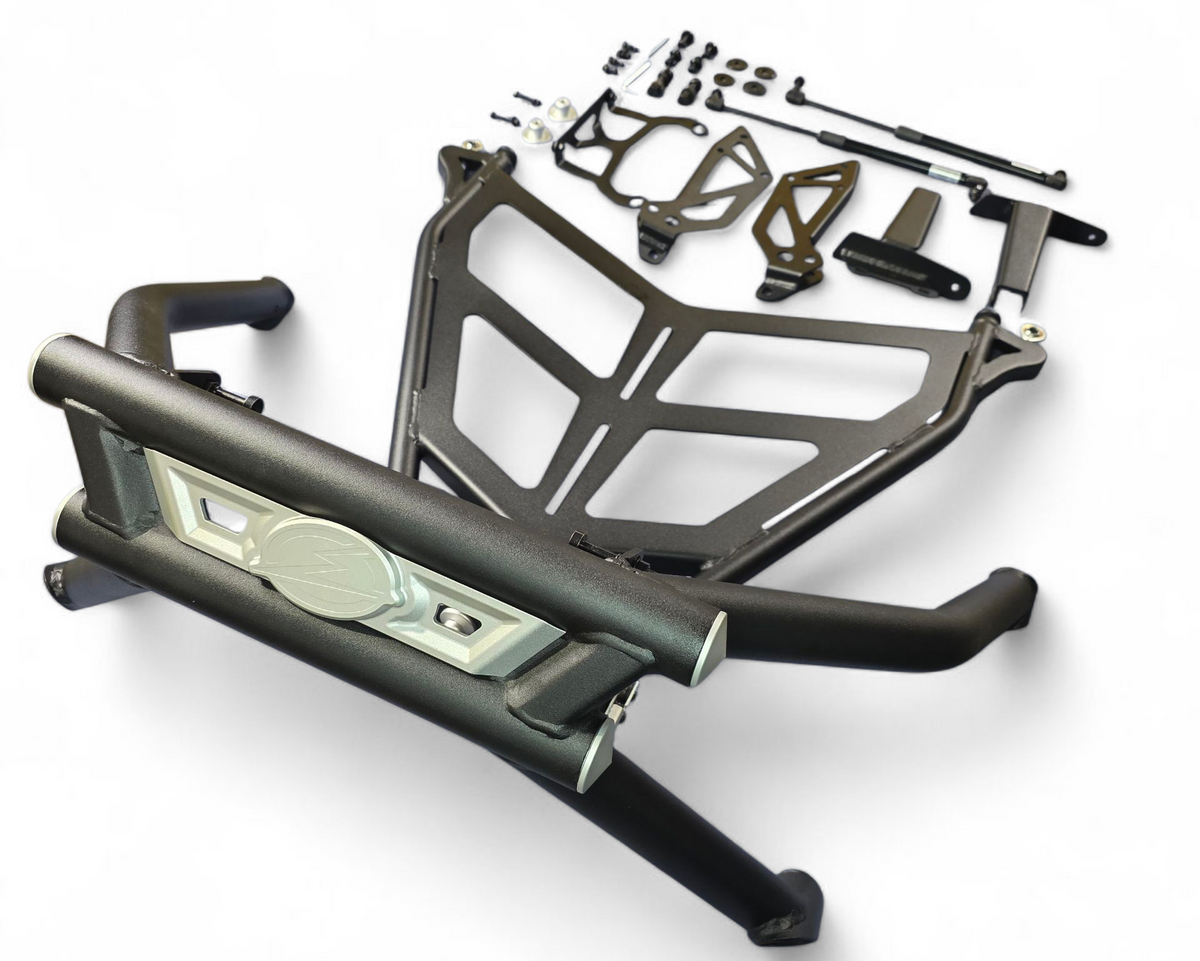 Integrated rear protection and tire carry shown on Polaris RZR Pro R combo
