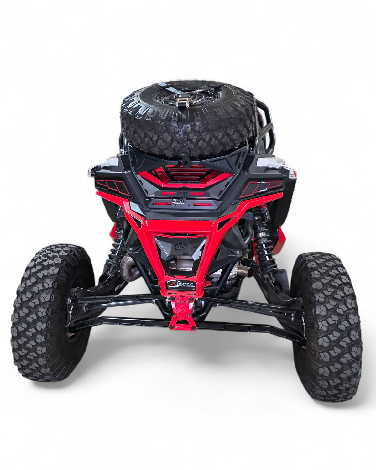 Under-carrier stowaway storage area on Polaris RZR high clearance tire rack