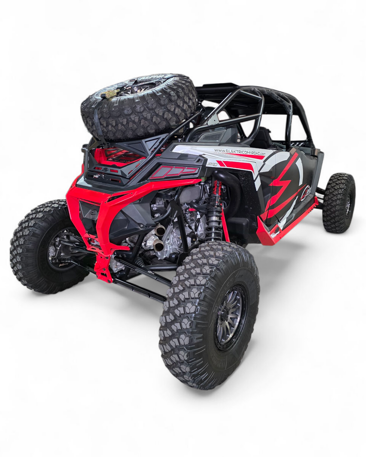 High Clearance Tire Rack installed on Polaris RZR carrying a spare tire in steel and aluminum construction