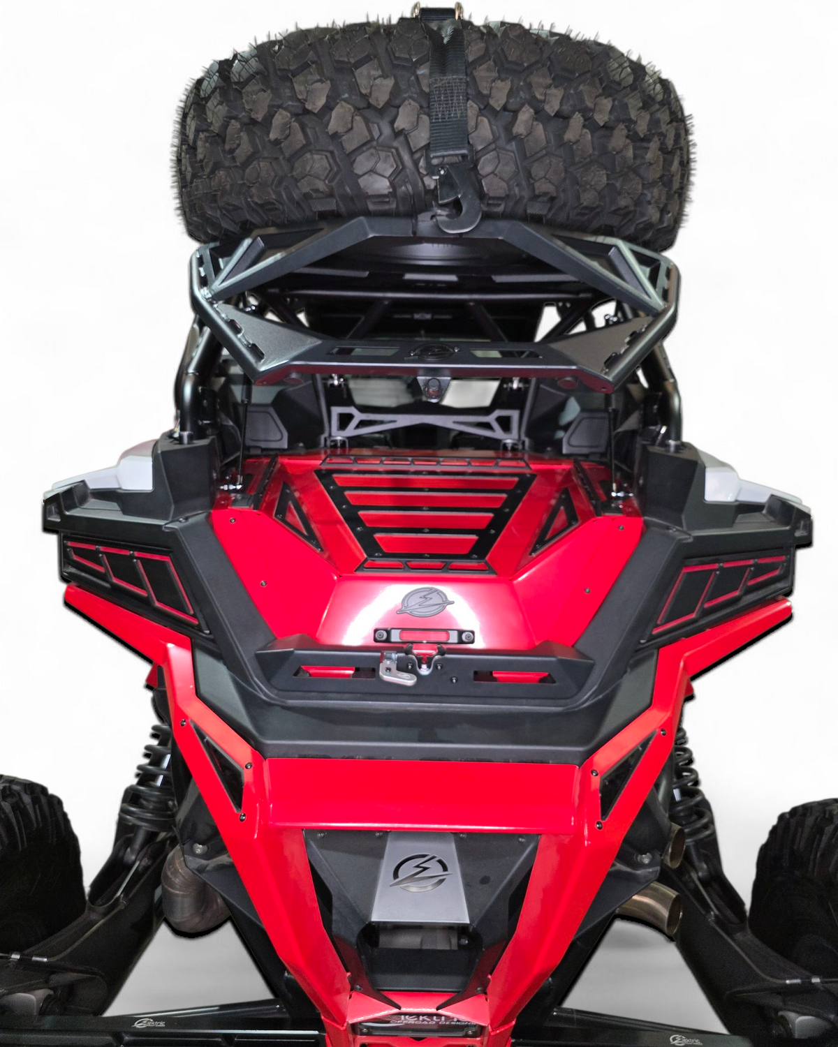 Polaris RZR tire rack pivoted open for access showing storage underneath