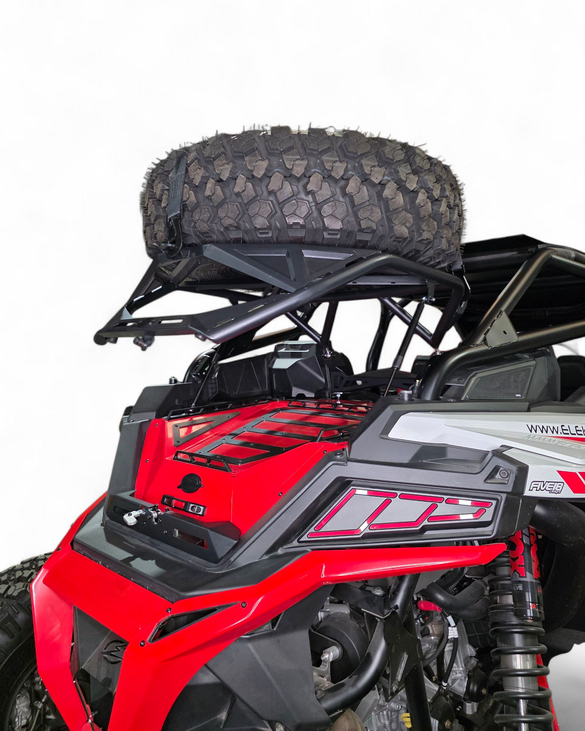 Direct rear view of Polaris RZR high clearance spare tire carrier