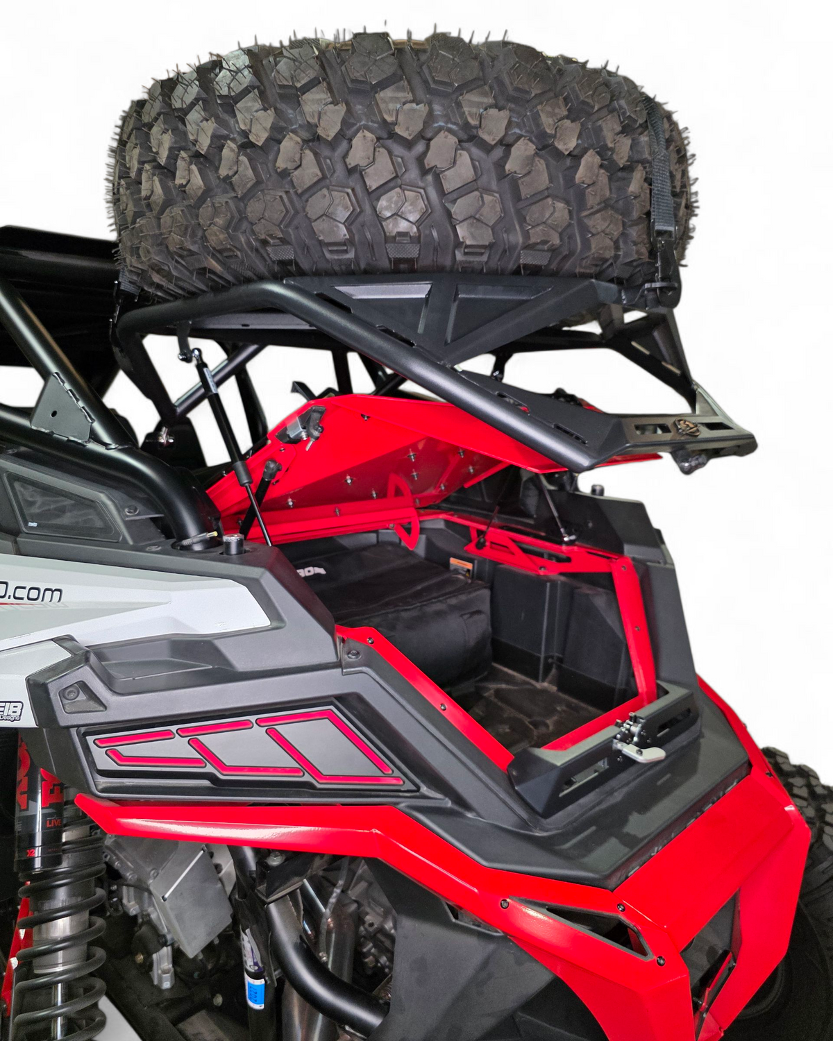 Side profile of Polaris RZR tire rack showing high-clearance pivot design